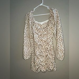 Brown Floral Ruffle Front Long Sleeve Dress
